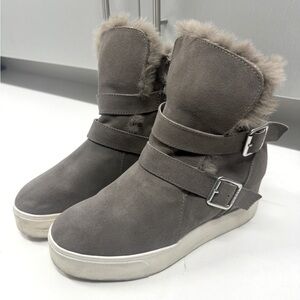 J Slides Boots Waterproof Faux Suede in Taupe (Worn Once)